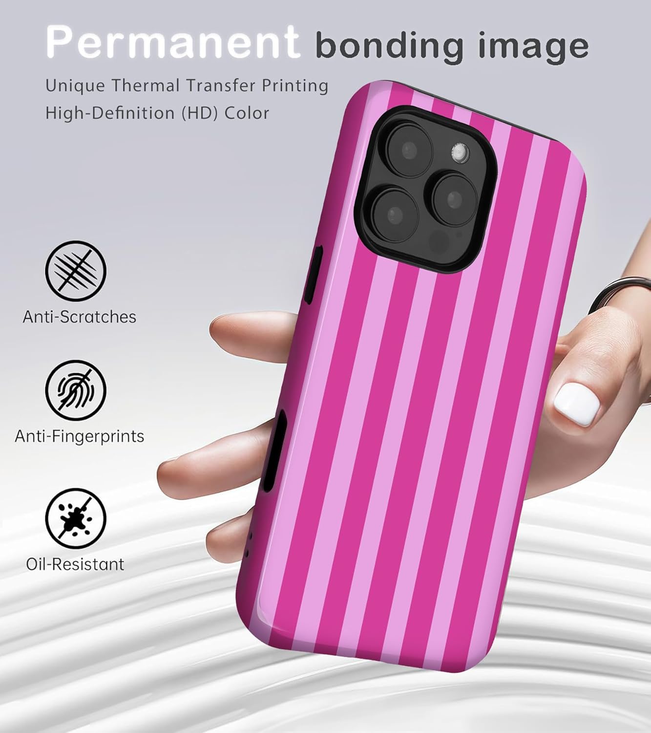 Compatible with iPhone 16 Pro Max Case Cute Striped Aesthetic Retro Design for Women Girls Fall Chic Girly Pretty Dual Layer Hybrid Protection Elegant Case for iPhone 16 Pro Max-Hot Pink - Image 2