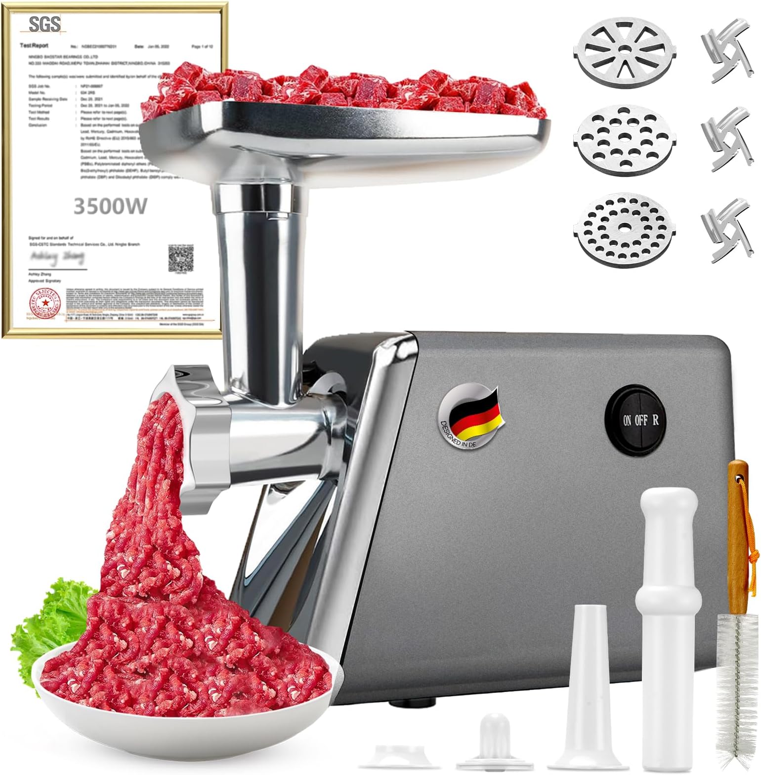 5.0 Upgrade Meat Grinder【Top Tier Germany 3500W Ultra Motor】【SGS Certified SUS304 Blade & Plate】3-Second Fast Meat Grinding, Perfect For Meat Grinders For Home Use (Gray)