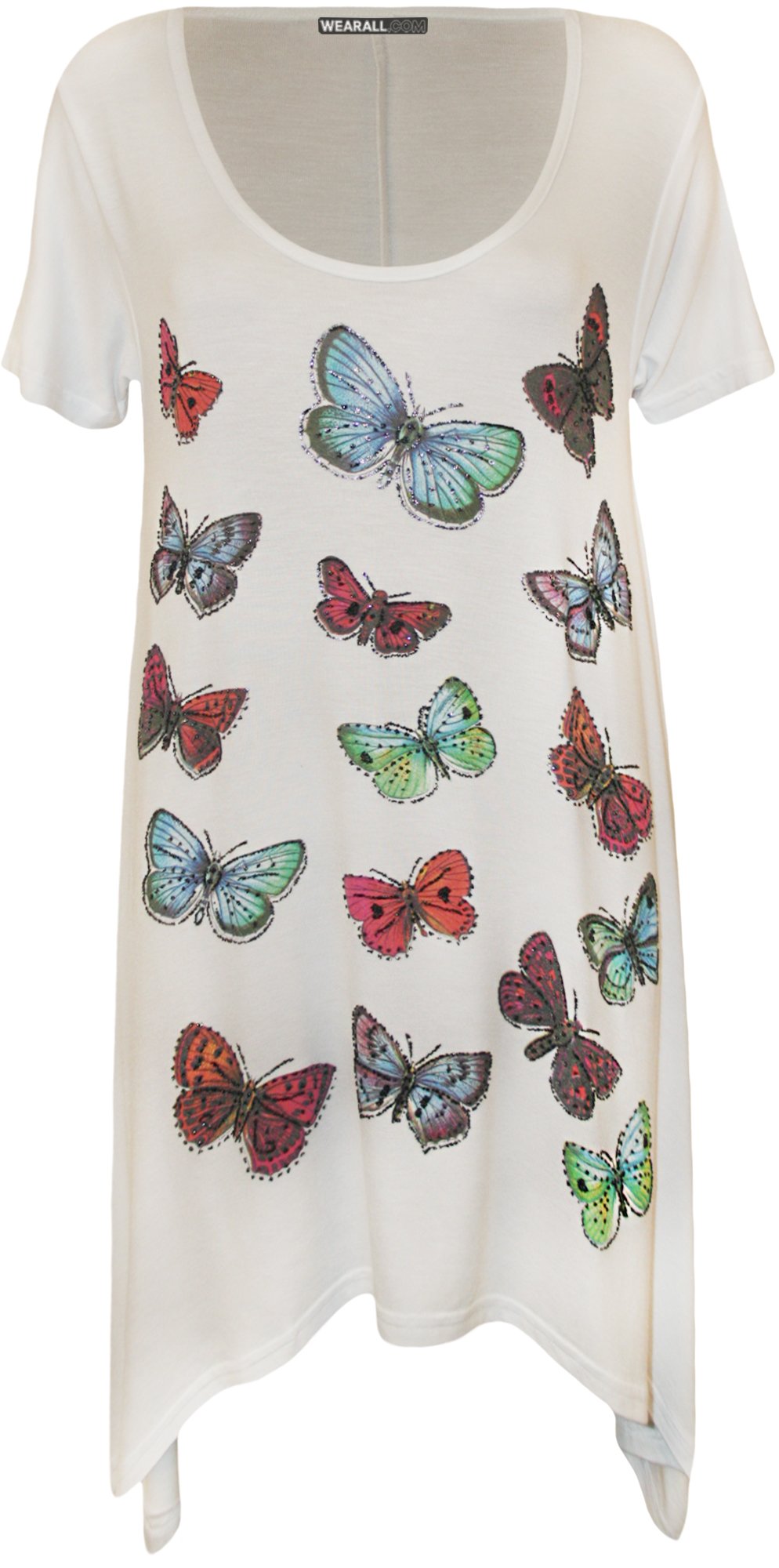 WearAll Plus Size Womens Butterfly Print Short Sleeve Ladies Hanky Hem T-Shirt Top - White - 22-24