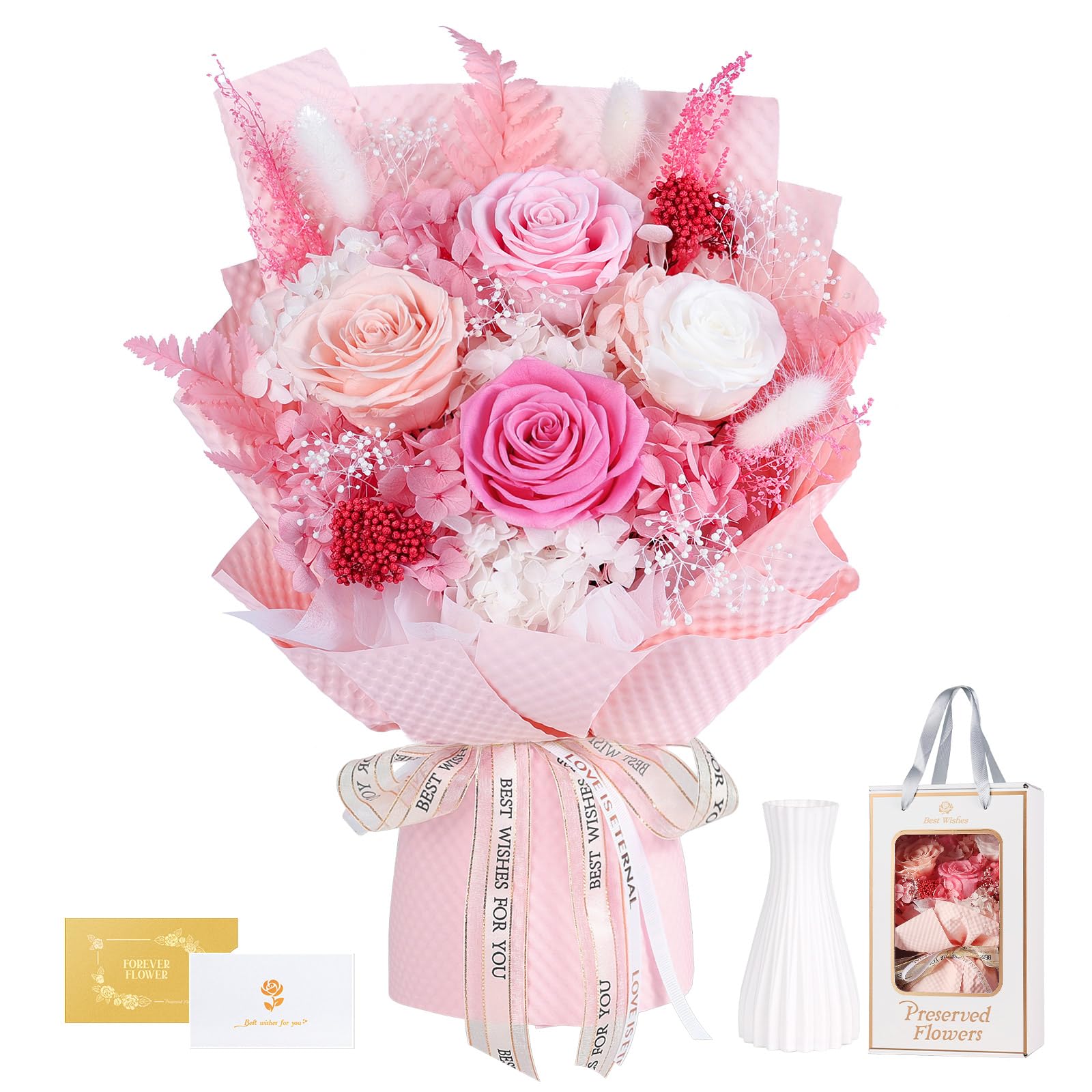 Amazon｜プリザーブドフラワー ピンク色 花束 4本薔薇 香りあり 花瓶