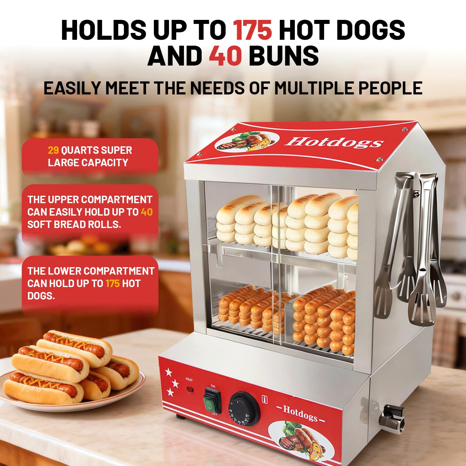 27L/29 QT Hot Dog Steamer with Bun Warmer - Electric Steaming Machine 2-Tier Capacity for 175 Hot Dogs & 40 Buns, Visible Glass Slide Doors for Commercial Home Use