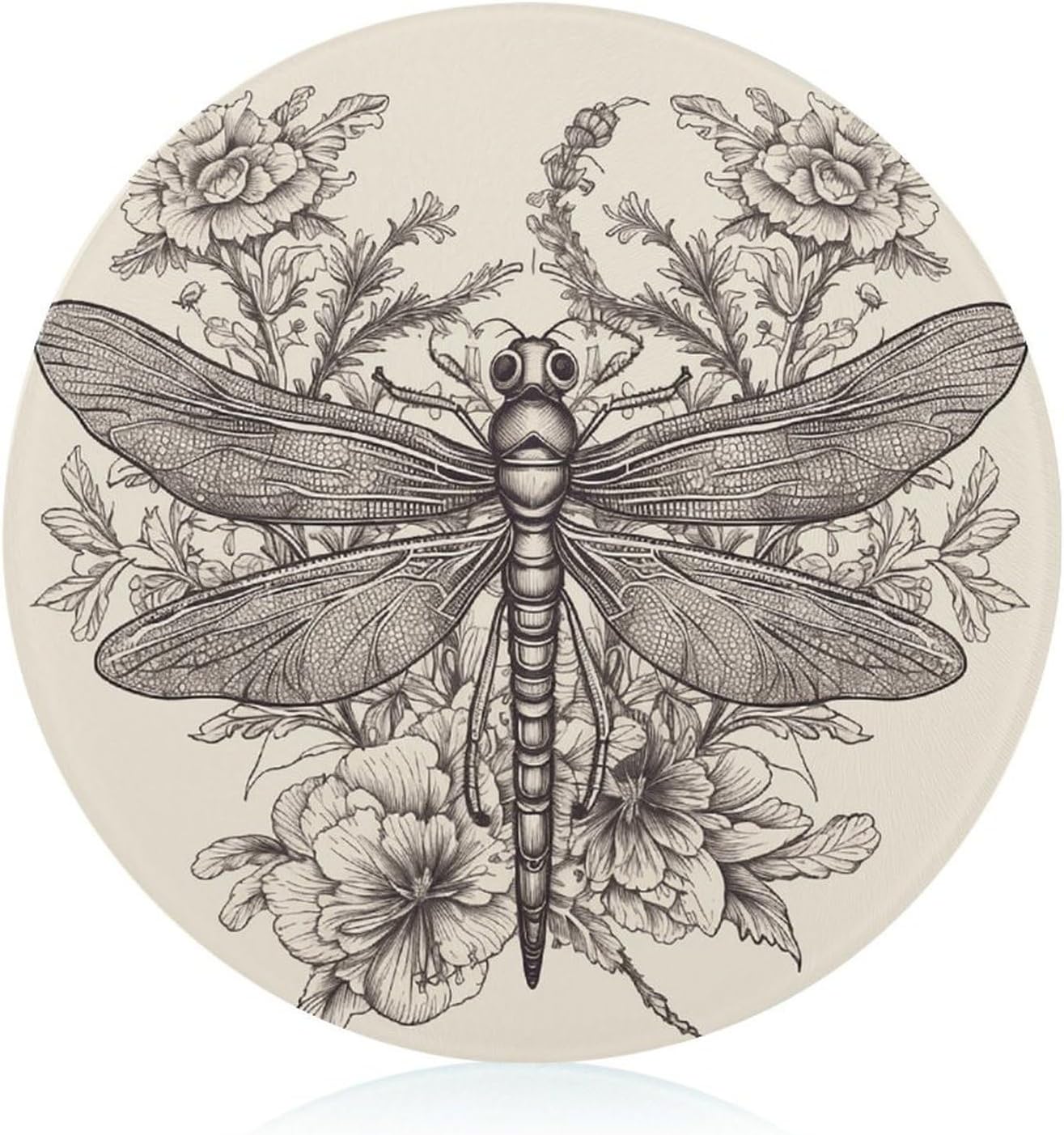 Hand Drawn Floral Dragonfly Chopping Block Tempered Glass Cutting Board Mats Round Countertop Cutting Boards Small Charcuterie Boards Bar Cheese Board Snack Tray