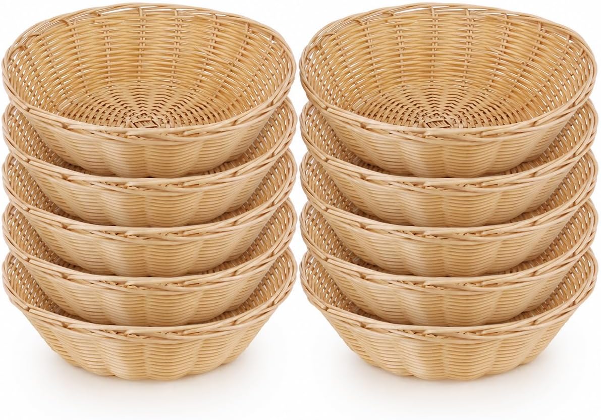 New Star Foodservice Round Hand Woven Food Serving Baskets, 9 x 2.75 inch, Polypropylene, Natural, Set of 12