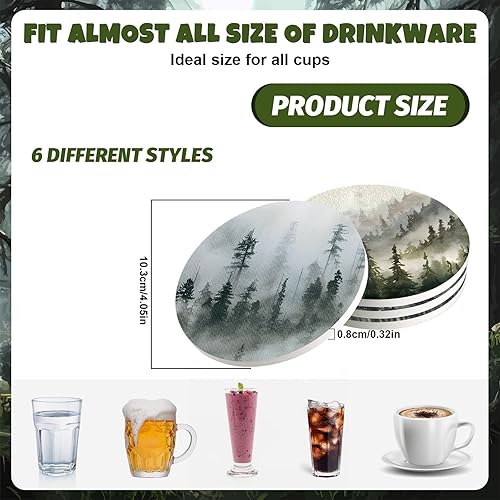 Miniatura 2 de Whaline 6 posavasos de bosque con soporte, posavasos de cerámica de bosque brumoso para bebidas, tapete redondo absorbente, protección de mesa para