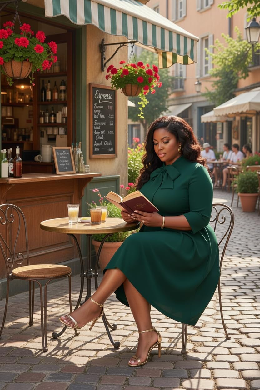 FANDEE Midi Dress for Women Casual 3/4 Sleeve Semi Formal Fit and Flare Dress Classy Tie Neck Work Business Dresses - Image 6