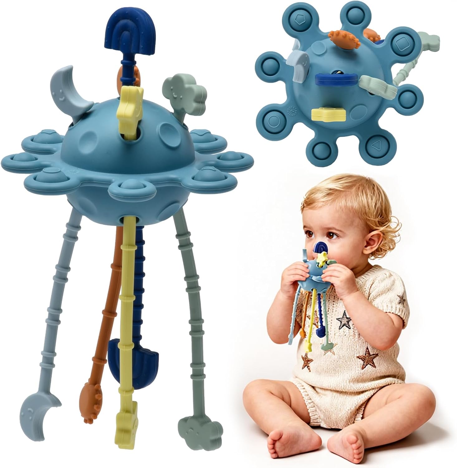 Little Rawr Silicone Baby Sensory Montessori Toys & Pull String Teething Toys for 18 M+, Toddler Birthday Gift Car Seat Airplane Travel for 1 2 Year Old Boy Girl Infant 18 Months Old (Blue)