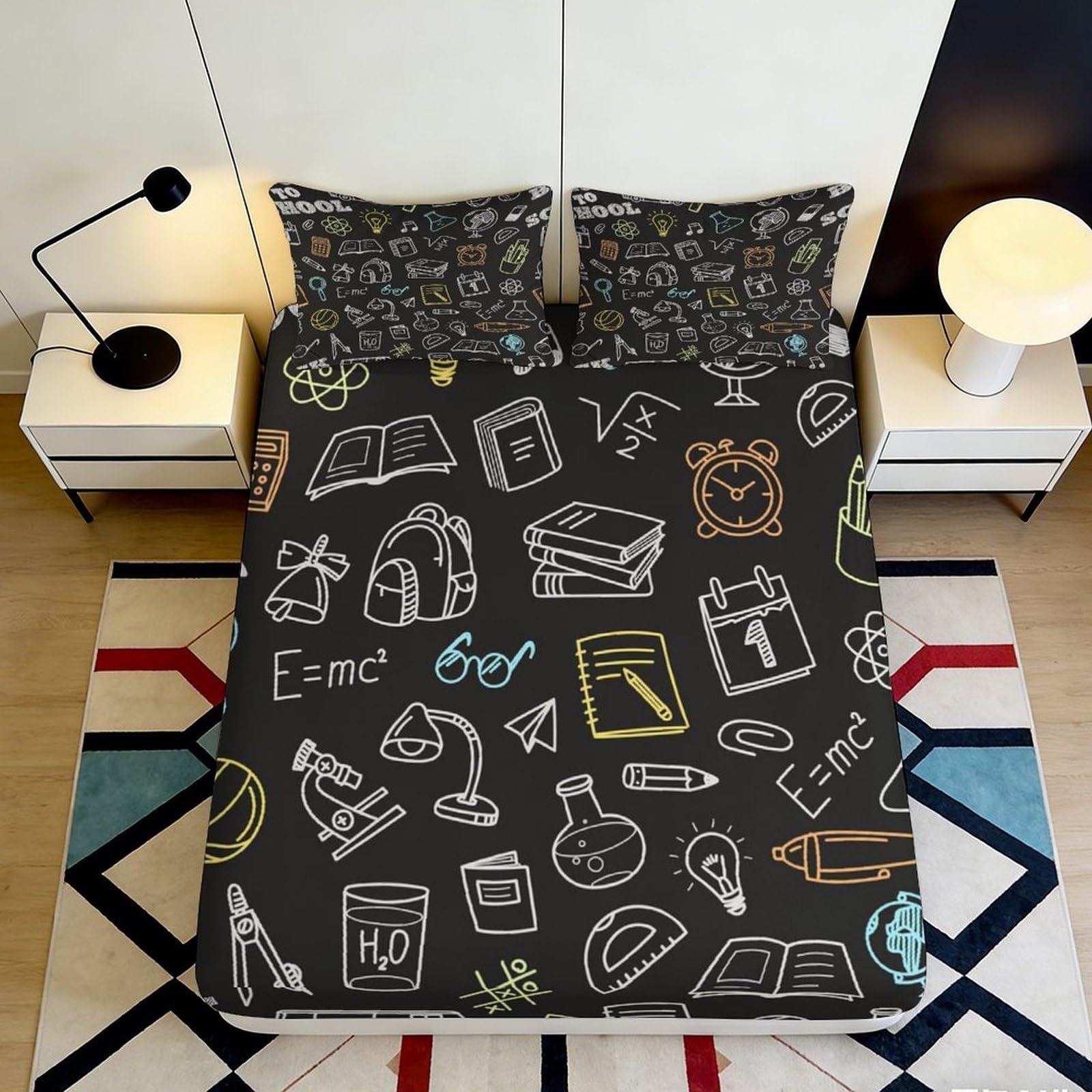3D Printed Chalkboard Doodle Fitted Sheet Microfiber Soft School Icon Bed Cover for Bedroom Dorm Decor 90x200x25cm