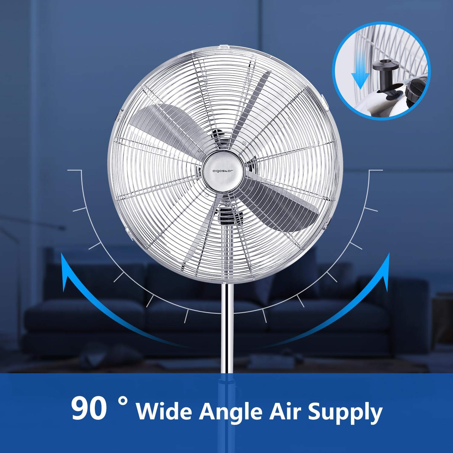 Aigostar Emery- Ventilatore acciaio, Ventilatore a piantana con oscillazione a 90°, altezza regolabile, 3 velocità, 60 W, 40 cm, maniglia per trasporto, griglia di sicurezza per bambini.