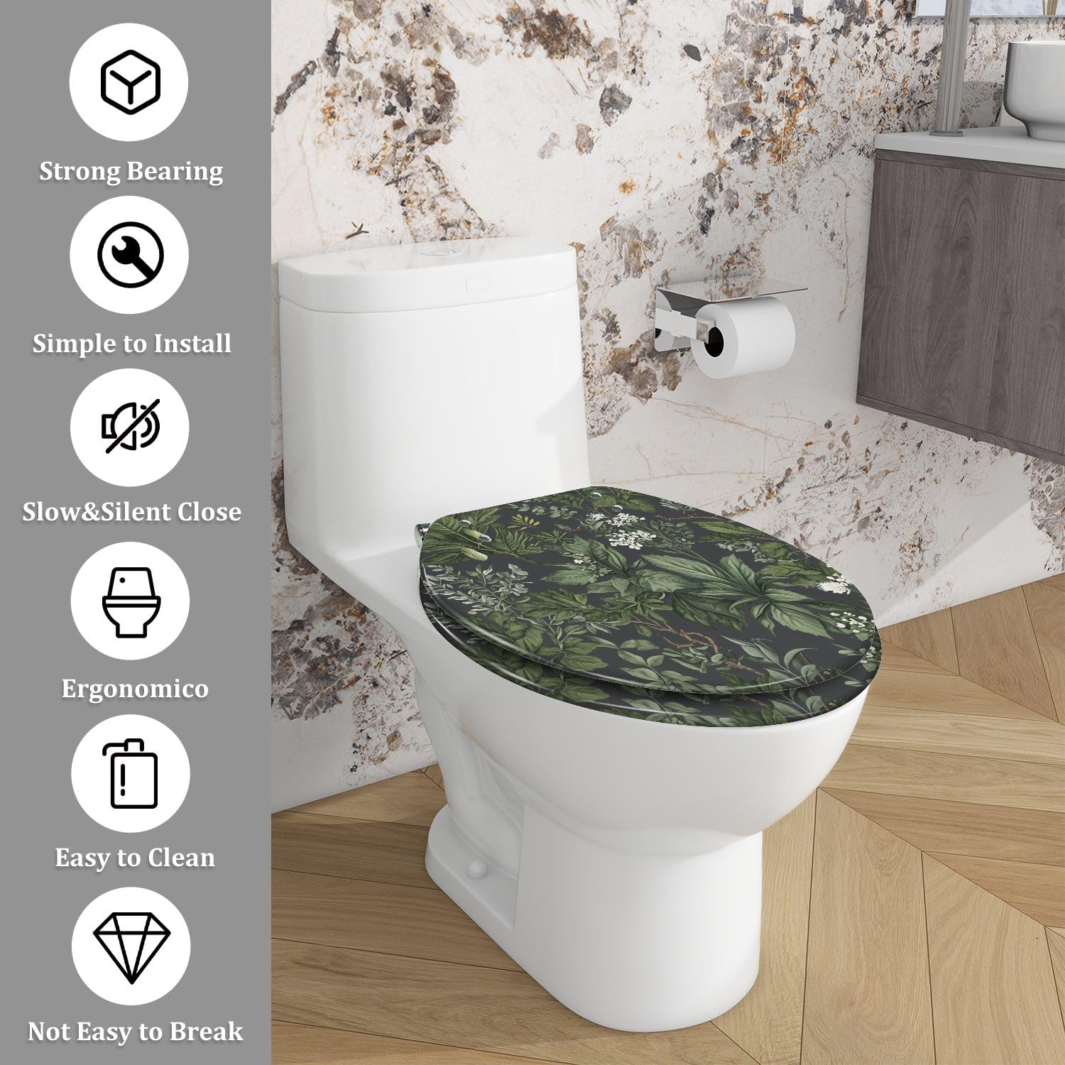 Asiento de inodoro alargado decorativo de resina para baño.