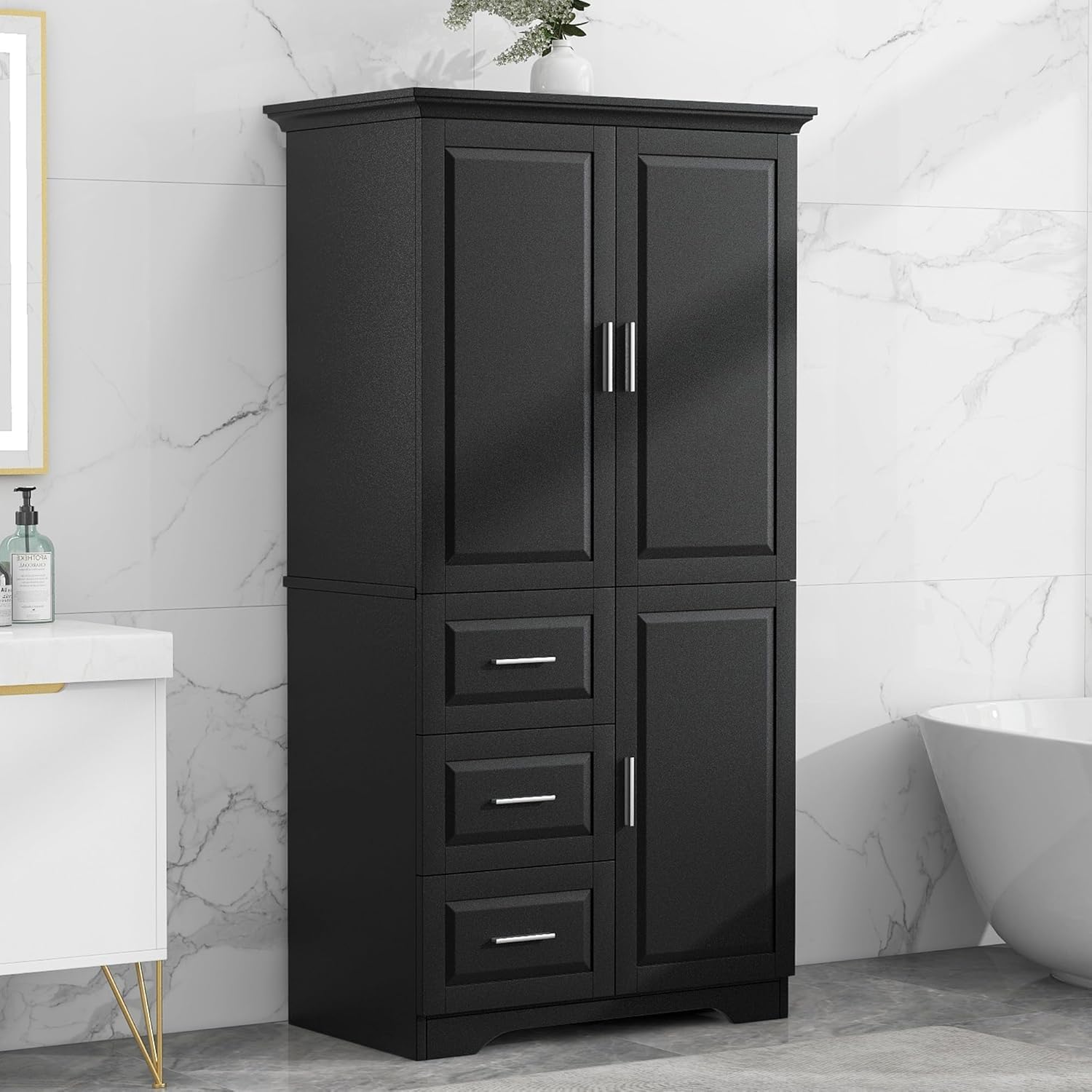 Virubi Tall Wide Storage Cabinet with 3 Doors,3 Drawers,and Adjustable Shelves, Wood Pantry Storage Cabinet Freestanding for Kitchen Bathroom Office (Black)
