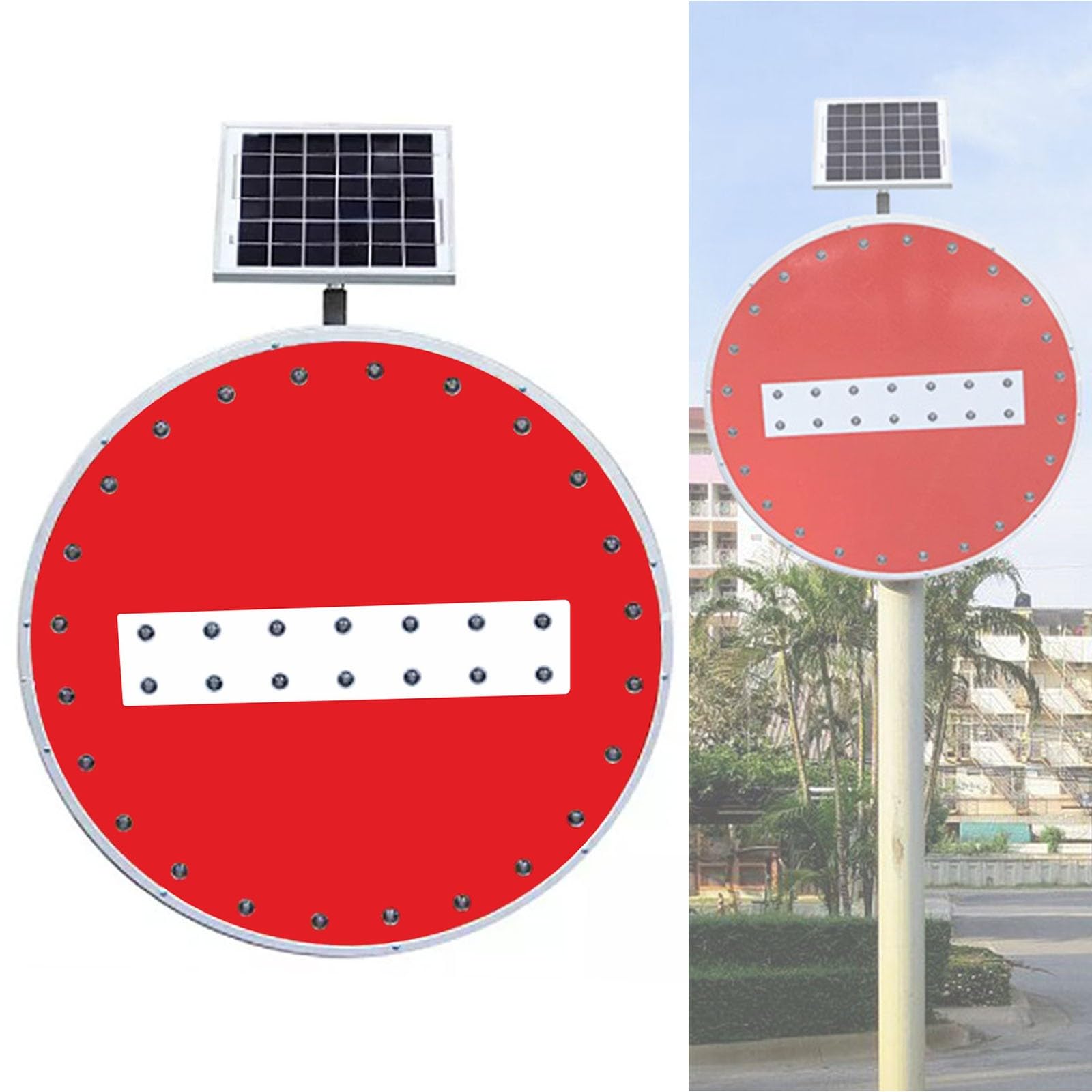 Señales de Advertencia LED de Seguridad Vial sin Entrada con energía Solar-Placa de Aluminio para señal de Seguridad Vial vehicular(60cm/23.6in)