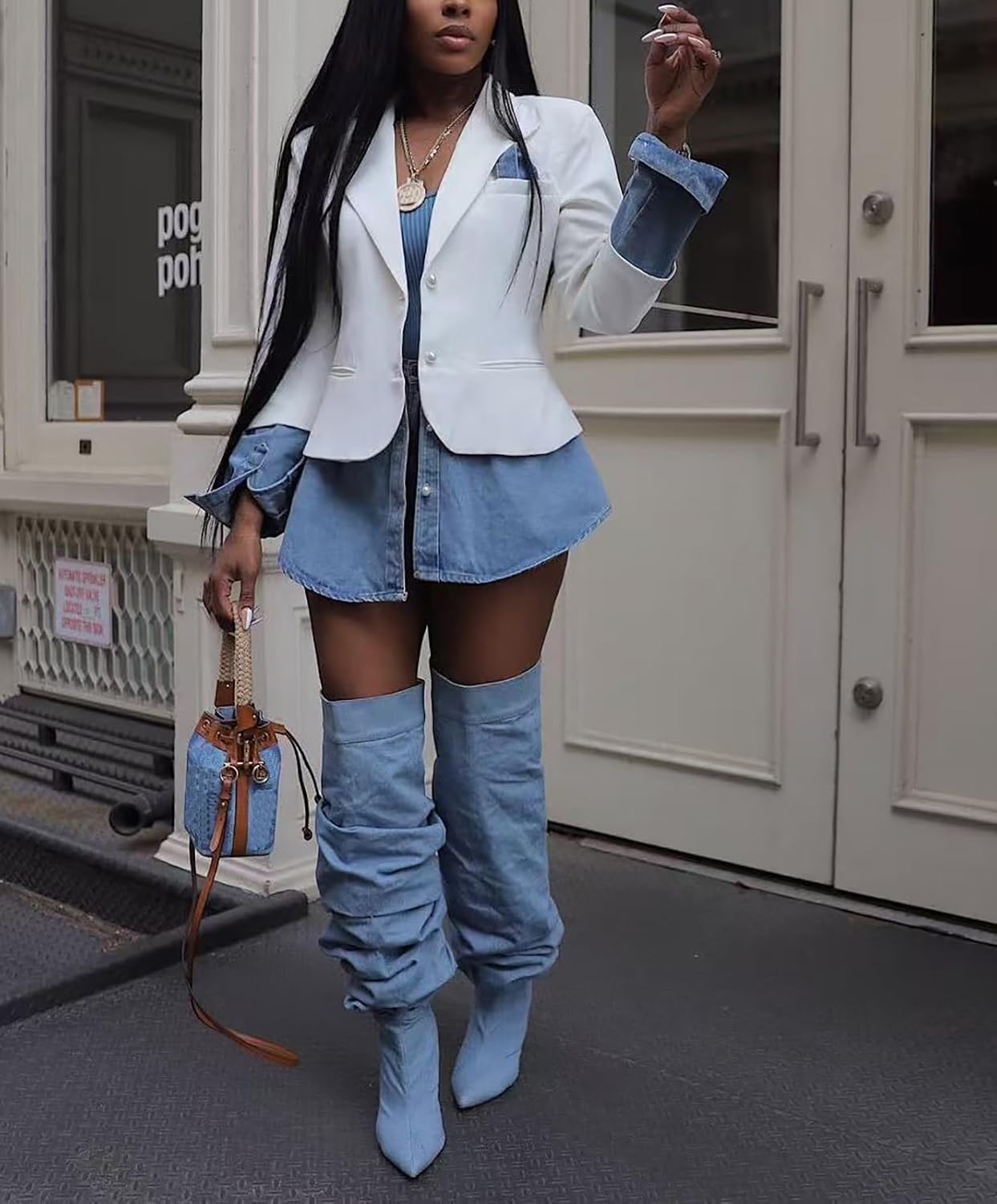 Tbahhir Women's Blazer Jacket Denim Patchwork Long Sleeve Lapel Button Down Casual Office Jean Trendy Coat - Image 3