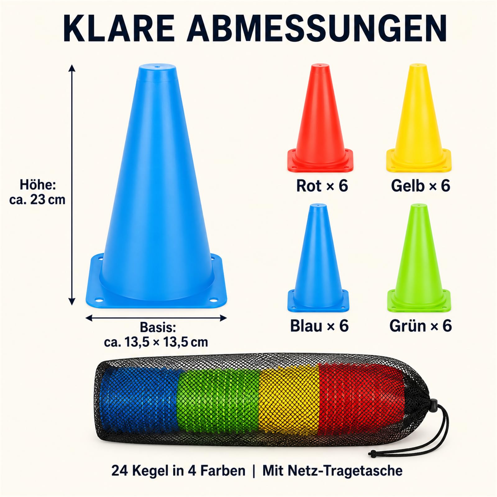 CYEER 24 Conos Entrenamiento Futbol, 23 x 13,5 cm, Coloridos pilones para niños al Aire Libre con Bolsa de Transporte, Conos de Entrenamiento para fútbol, Deportes, Juegos Activos