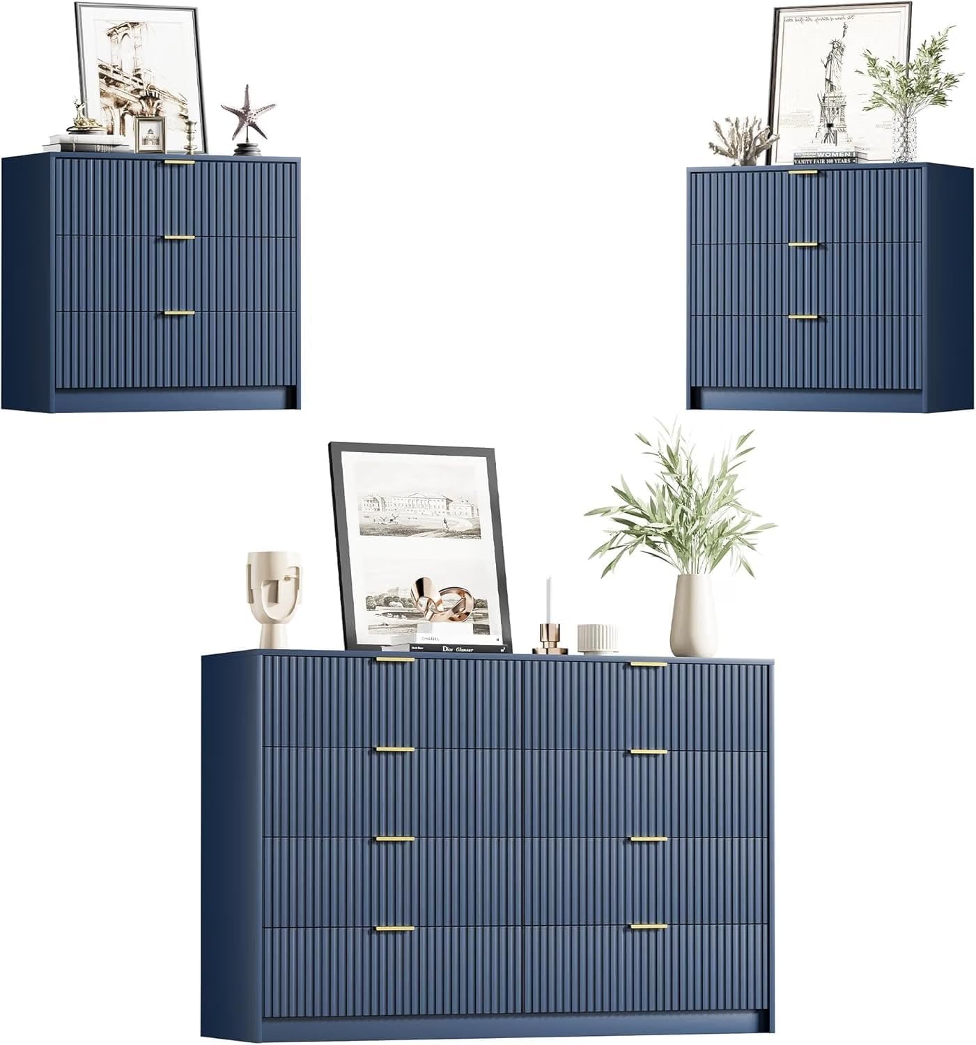 3 Piece Modern Bedroom Set, 8 Drawer Dresser with 2 Nightstands, Navy Blue