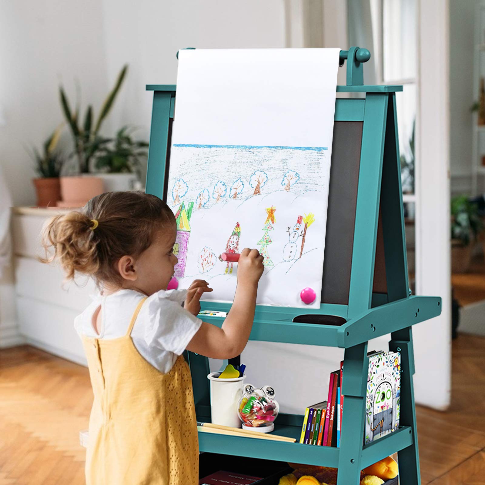 RELAX4LIFE 3 in 1 Lavagna per Bambini, Cavalletto Pittura a Doppia Faccia, Lavagna Magnetica con Rotolo di Carta, Giocattolo Educativo 3+ Anni (Blu)