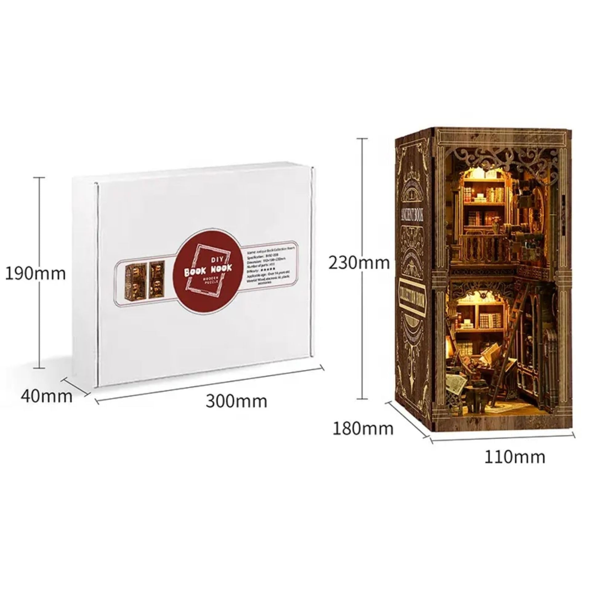 Book Nook - Kit da costruzione con luci a LED, fai da te, in miniatura, libreria, vecchi libri, in legno 3D, per libreria, decorazione, idea regalo per adulti e adolescenti (Biblioteca)