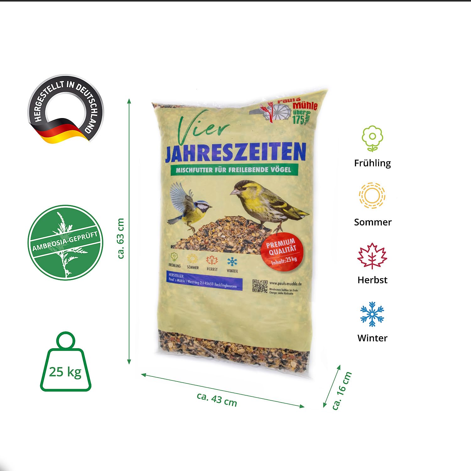 Paul's Mühle Wildvogelfutter, Ganzjahresfutter für Wildvögel, 4-Jahreszeiten, 25 kg