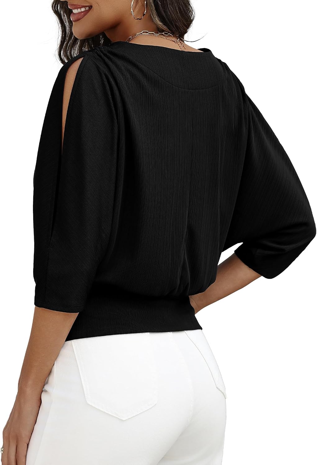 Womens 3/4 Length Cold Sleeve Tops Loose Fit Banded Bottom V Neck Summer T Shirt Casual Basic Tees