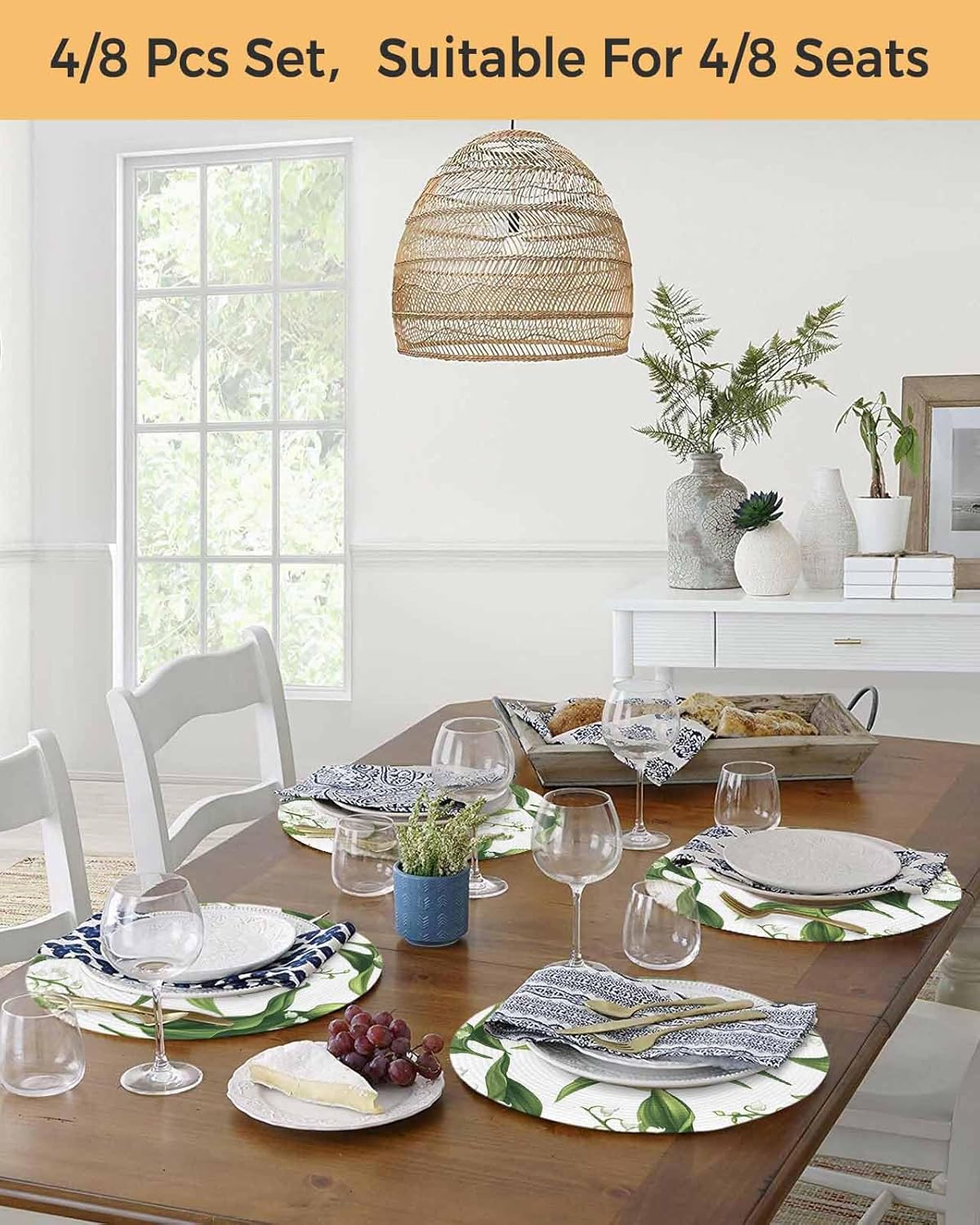 Round Placemats Set of 6 Watercolor Spring Place Mats Washable Woven Placemat White Flowers Leaves Circle Braided Heat Resistant Table Mat for Kitchen Dining Table Party Home Decor 15 Inch