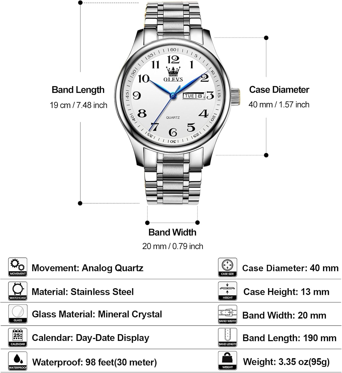 OLEVS Men's Luxury Stainless Steel Watch, Big Face Gold Silver Two Tone Three Hand Analog Quartz Watch, Easy to Read Waterproof Luminous Day Date Wrist Watches for Men
