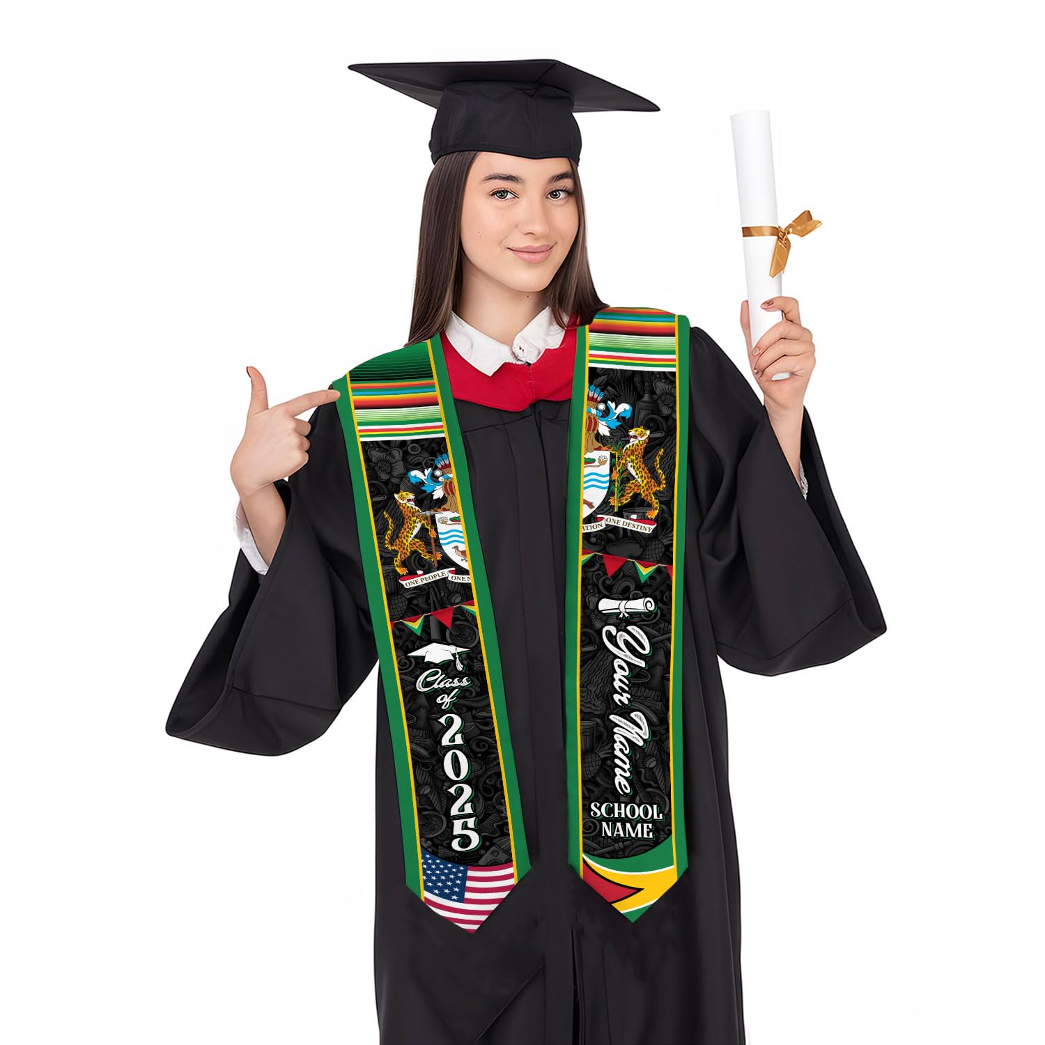 MonkeyVan Custom Guyana Graduation Stole 2025, Guyana Graduation Sash, Guyanese Graduation Sash, Guyana Flag Graduation Stole Gan 5