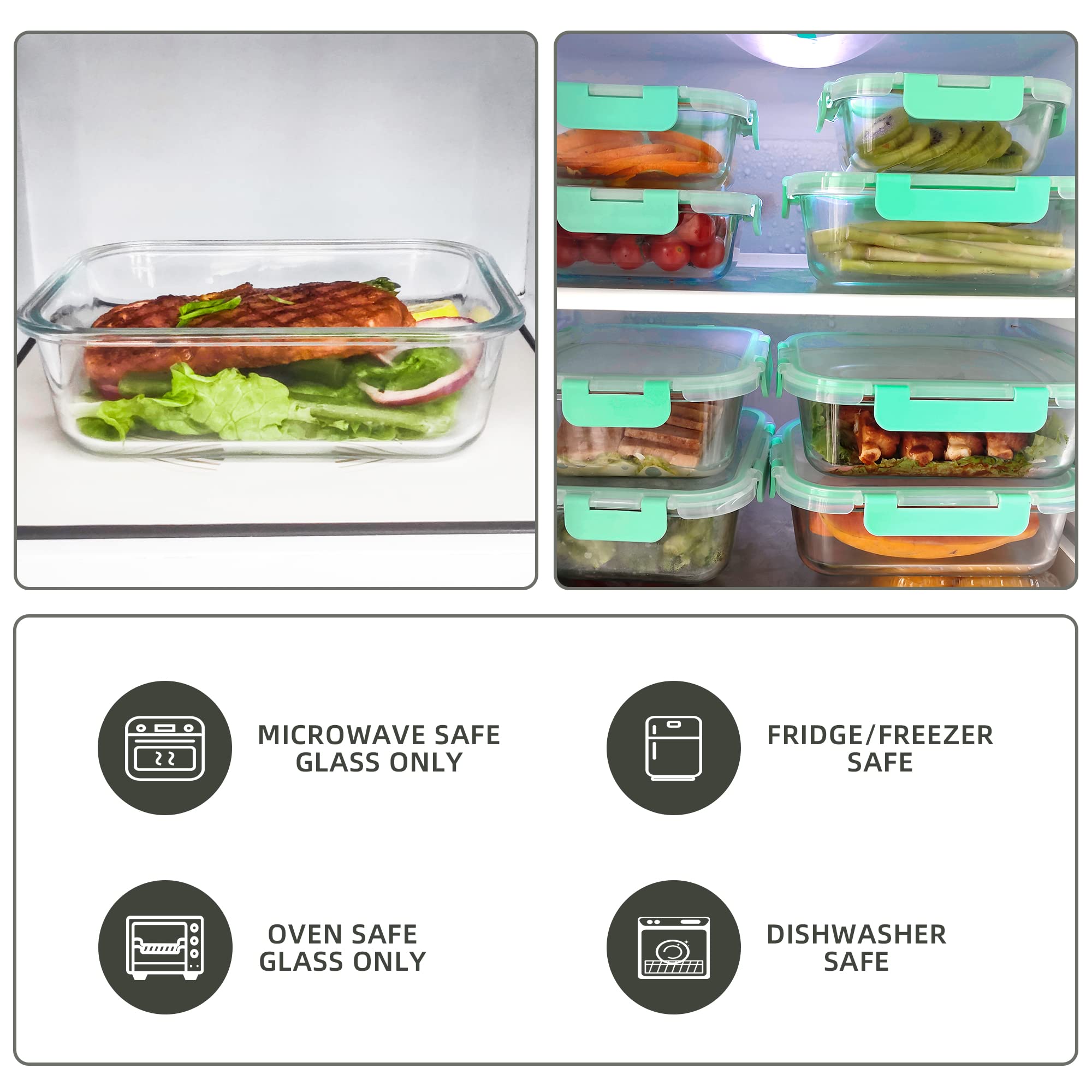 10 Pack Glas Lebensmittel Lagerung Container, luftdicht Mahlzeit Prep Container mit Deckel, Glas Mittagessen Container, Mikrowelle/Geschirrspüler sicher, Hellgrün