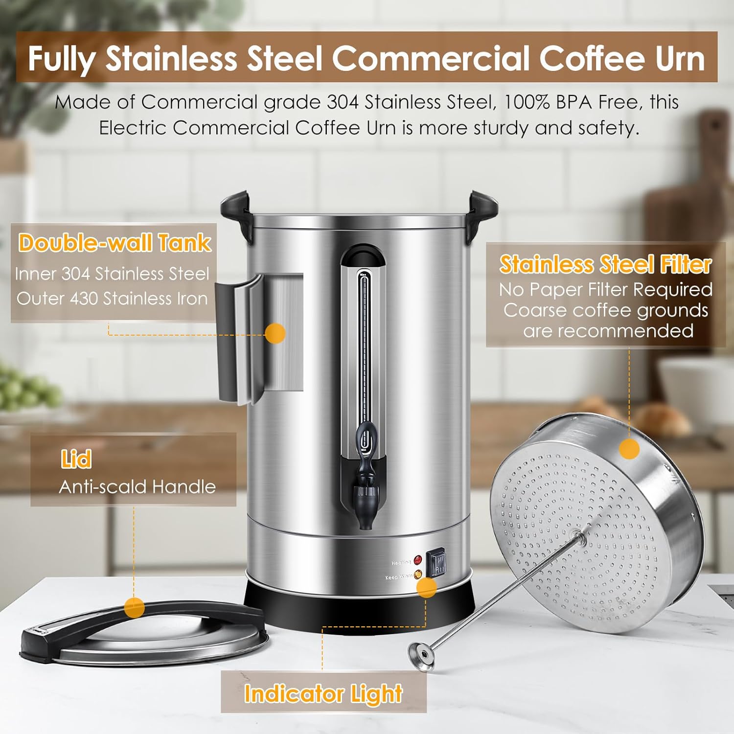 HOMOKUS Commercial Coffee Urn, 120 Cup Extra Large Hot Water Urn, 18L Silver Double Wall Stainless Steel Large Coffee Urns, 1500W Quick Brew Commercial Coffee Percolator Electric for Gatherings