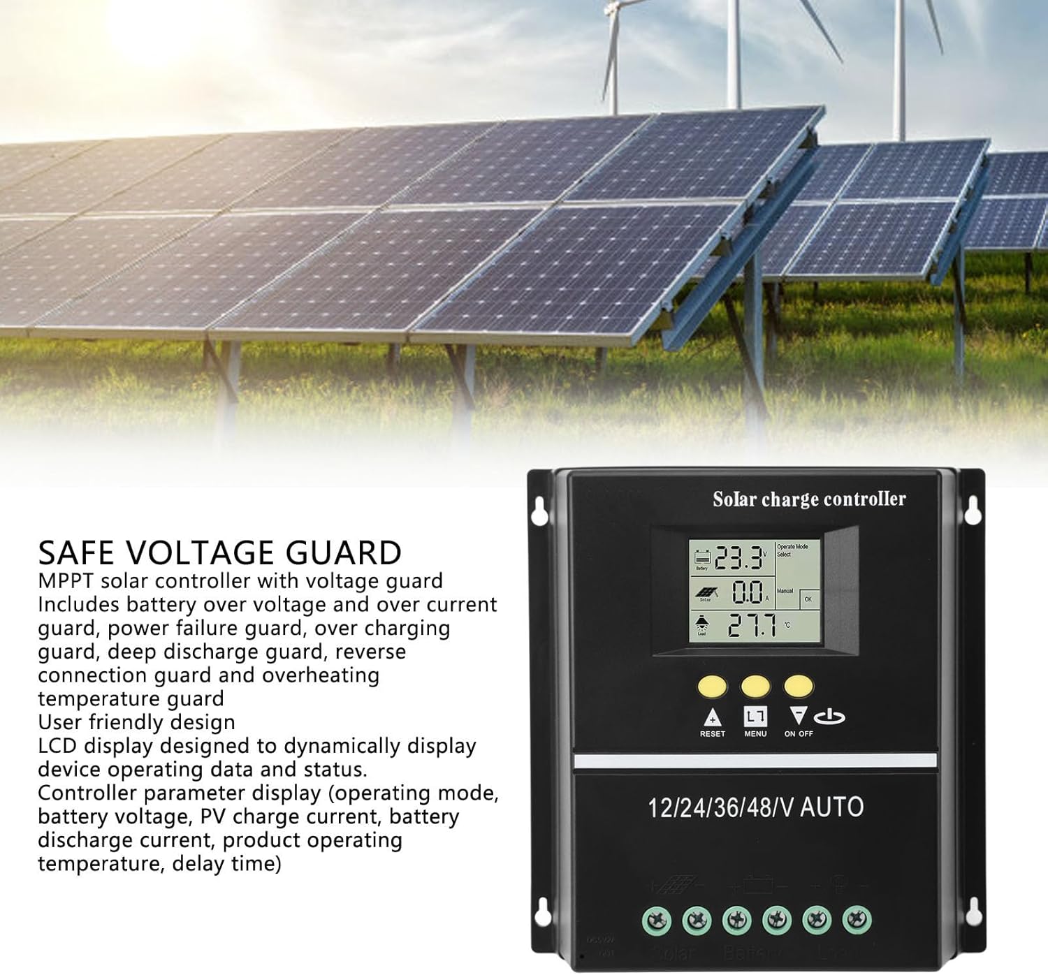 Marhynchus SmartSolar MPPT Controller with 'SAFE VOLTAGE GUARD' text and solar panels in background