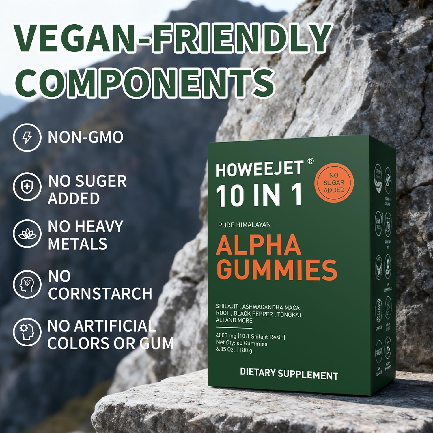 Himalayan Natural Shilajit Gummies for Men, 10-in-1 Alpha Gummies with 4000MG Pure Shilajit, Ashwagandha, Ginseng, Tongkat Ali & Maca Root, Sugar Free, Vegan, 60 Count