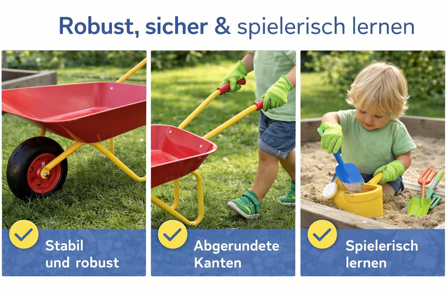 Kinder Schubkarren Set 7-Teile Metall & Holz Gartenspielzeug mit Schubkarre, Schaufel, Harke, Forke, Gießkanne & Handschuh stabile Spiel-Schubkarre rot/gelb Outdoor Spielzeug für Kinder ab 3 Jahren
