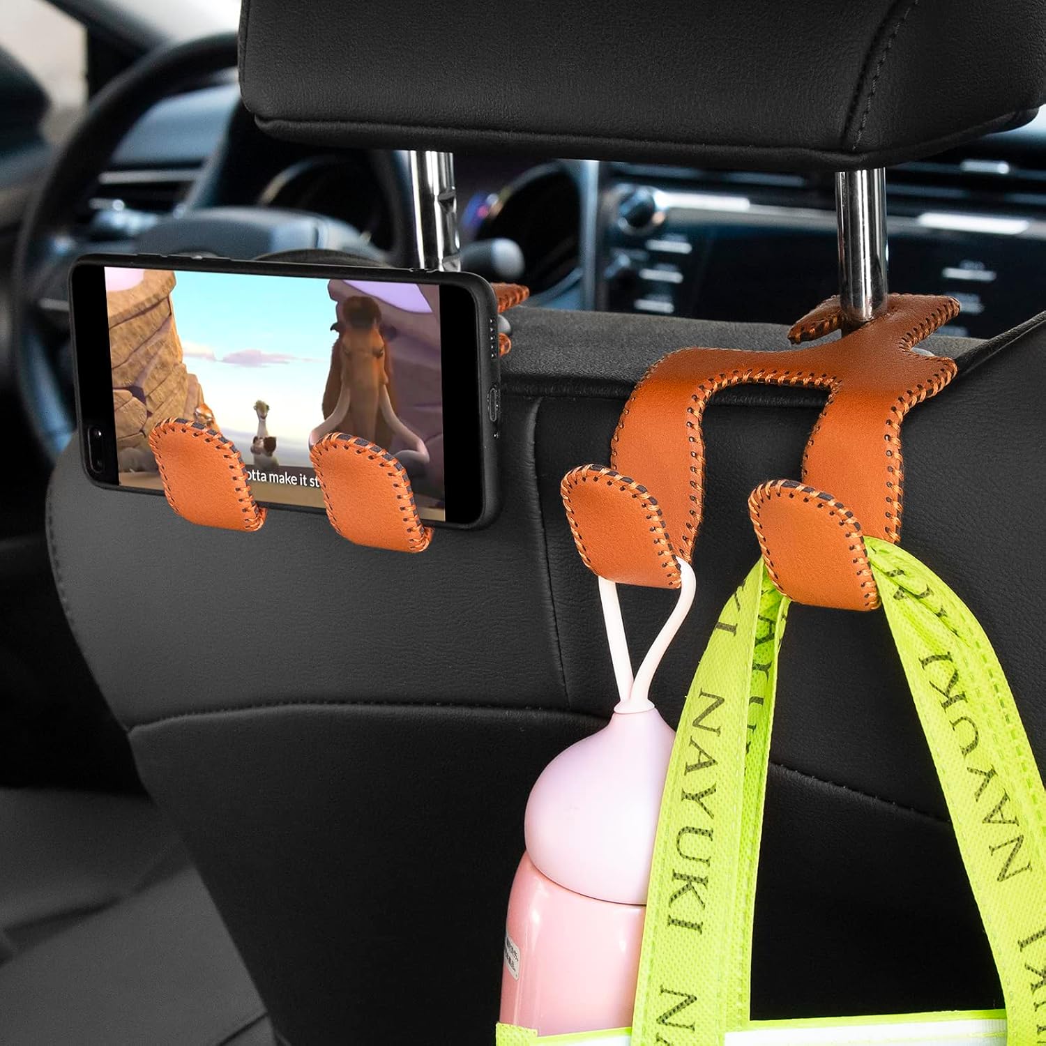 Car Purse Hook, 2-in-1 Durable Leather Hooks for Purses and Bags, 50 lbs Capacity, Brown-1Pack