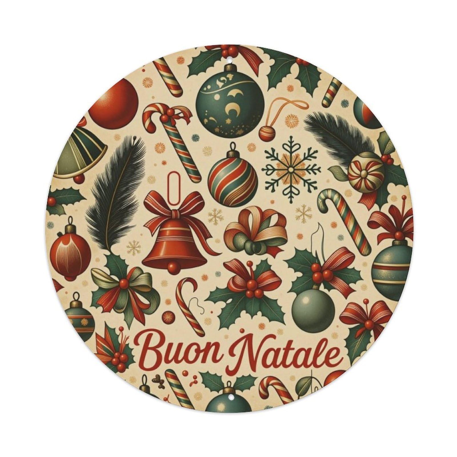 Vintage Full Print Christmas Ornaments Buon Natale Round Metal Sign Vintage Aluminium Metal Sign, Retro Wall Decor for Home, Bar, Garage & Farmhouse 20x20cm