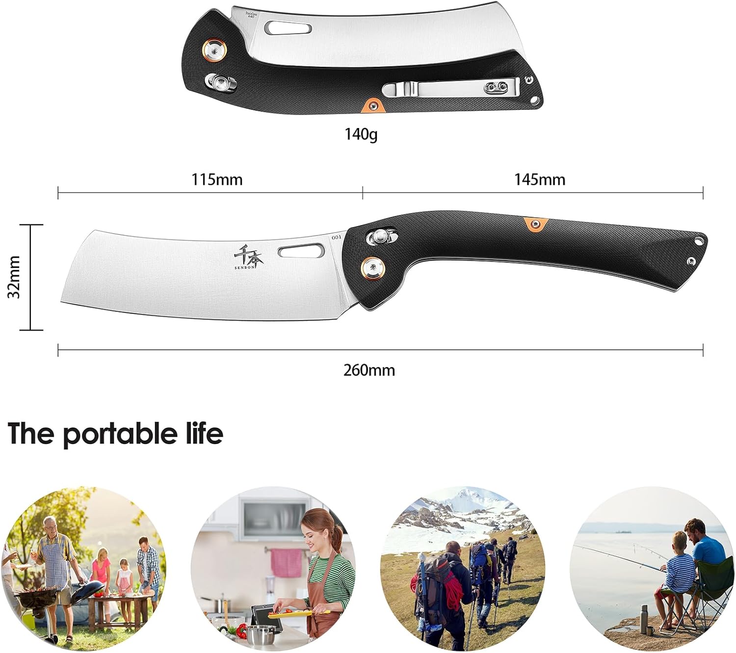 SENBON 440 Stainless Steel Lightweight Ultra Sharp Pocket Folding Chef Knife Peeling Utility Knife Fruit Knife g10 Handle with Back Clip