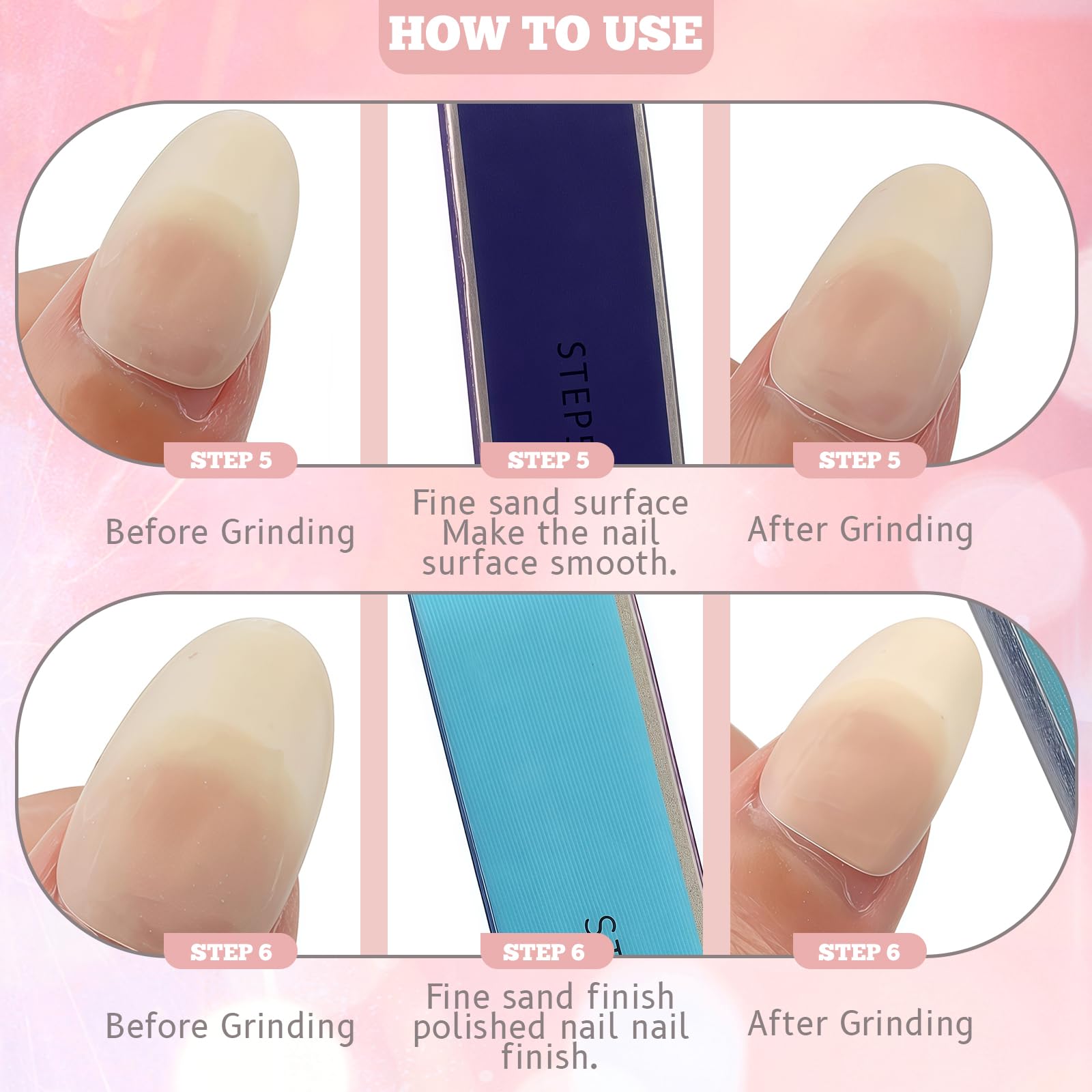 Yamobi 6 pièces Lime à ongles 4 faces pour ongles, lime à polir de haute qualité pour ongles naturels, blocs de polissage pour ongles en gel, limes à ongles lavables pour polir et faire briller