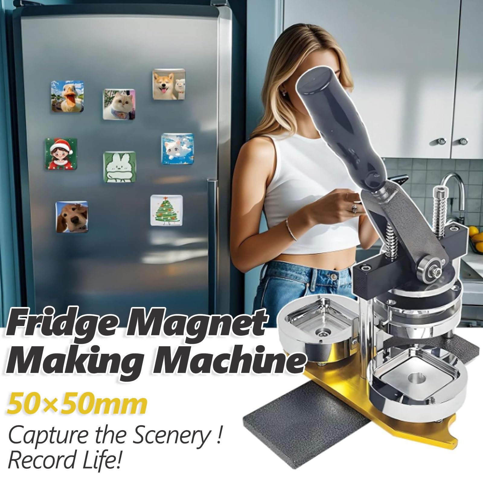 Máquina para fabricar imanes de refrigerador cuadrados de 50 x 50 mm, máquina para fabricar insignias, máquina de prensado de imanes fotográficos, kit de imanes para refrigerador con 100 botones