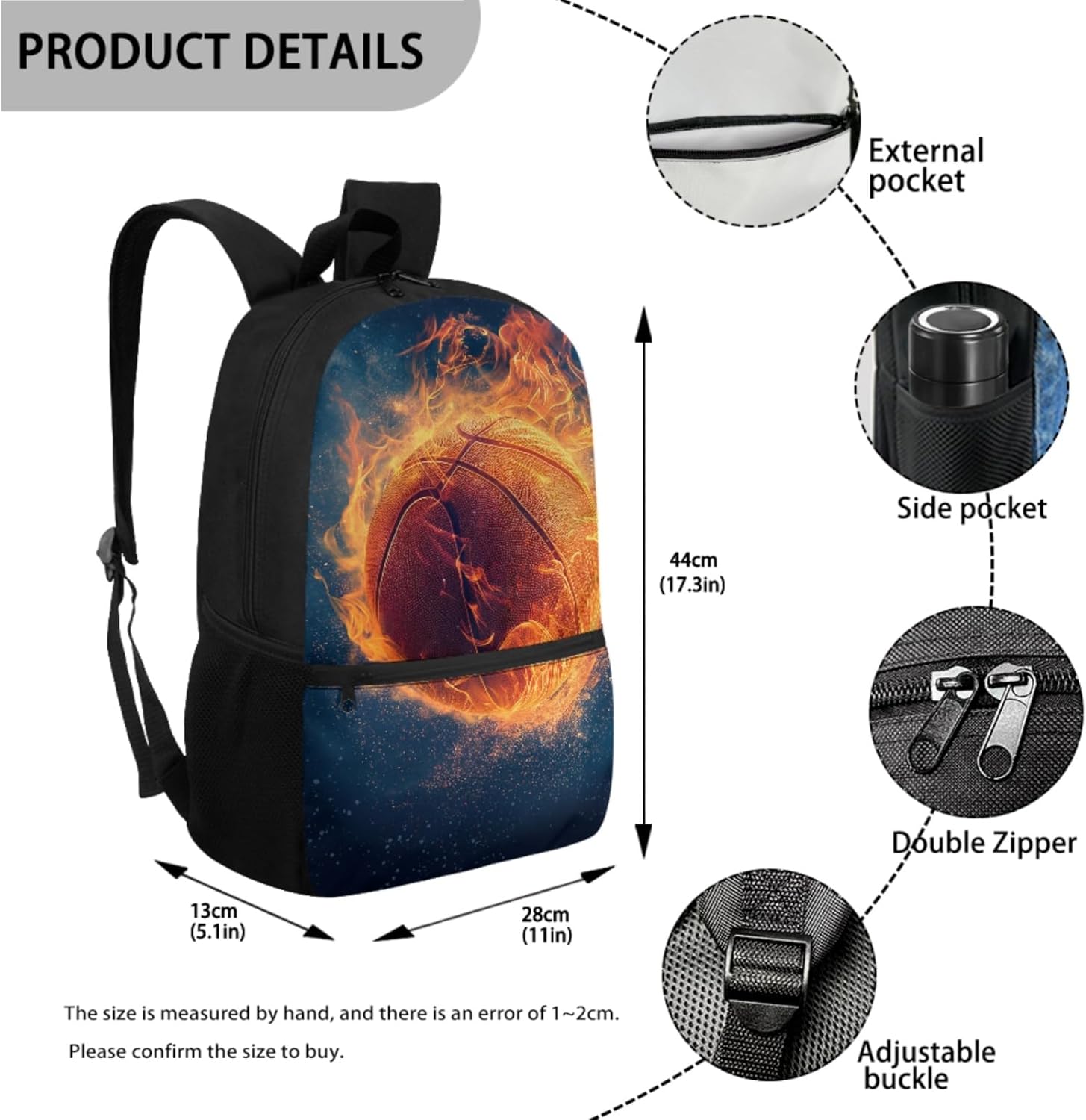 Burning Fire Basketball Backpack Set with Lunch Tote Purse Full Set of 2 Piece Lightweight 17 Inch School Bag Bookbag Rucksack Satchel Laptop Bag