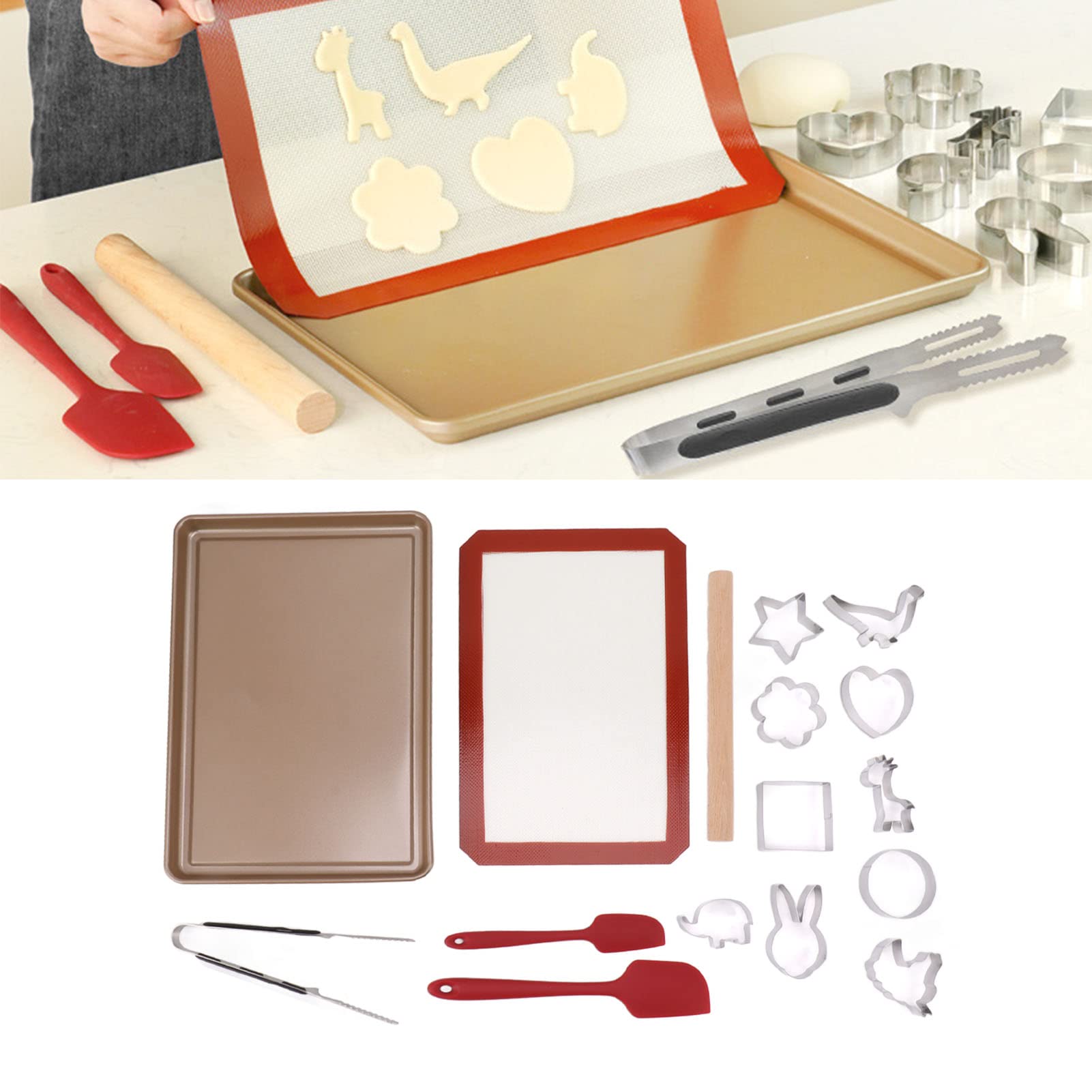 Juego de Cortadores de Galletas, Suministros para Hornear de Acero Al Carbono con Bandeja para Hornear, Rodillo, Espátula, Abrazadera para Juego de Material para Fiesta de Galletas