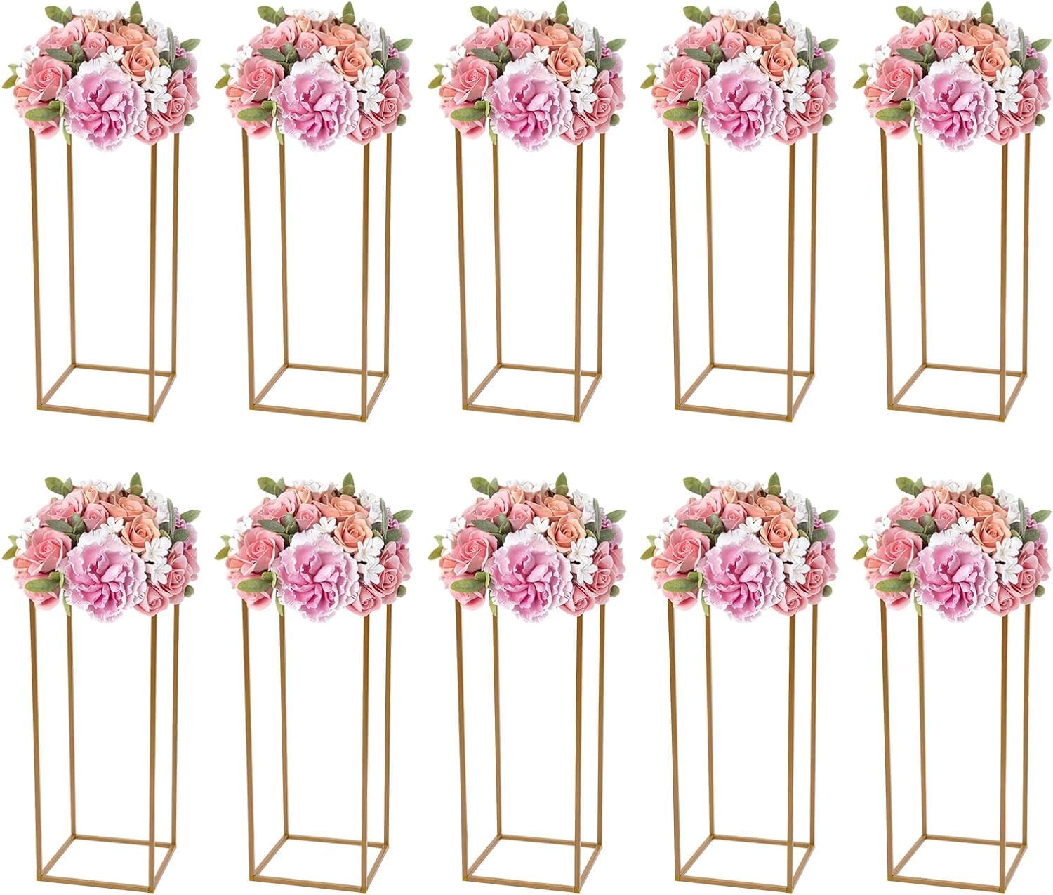 10 Pack 23.6 Inch Gold Wedding Flower Stand Metal Vase Column Stand Geometric Centerpiece Vase for Home Party Wedding Decorations, Rectangular Flower Display Rack