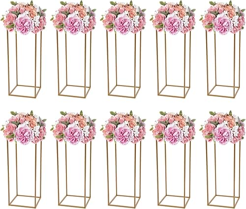 Paquete de 10 soportes dorados de 23.6 pulgadas para flores de boda, soporte de columna de metal para centro de mesa geométrico, jarrón para