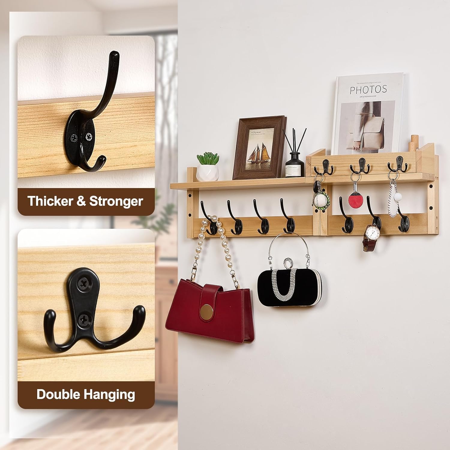 28.9" Wall Hanger Coat Rack Key Holder Wall Mount with Shelf,11Shelf with Coat Hooks Wall Mount, Coat Hangers for Bathroom, Living Room, Bedroom (Wood Color)