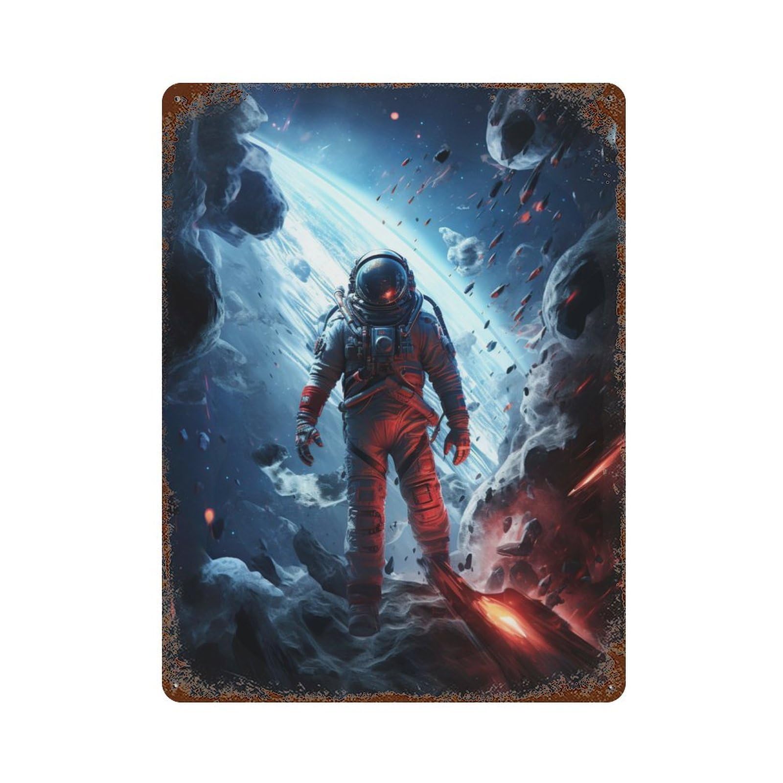 Distressed Metal Wall Sign Astronaut in Space 15.7"x11.8", Vintage Wall Decor for Garage, Bar And Workshop Decor