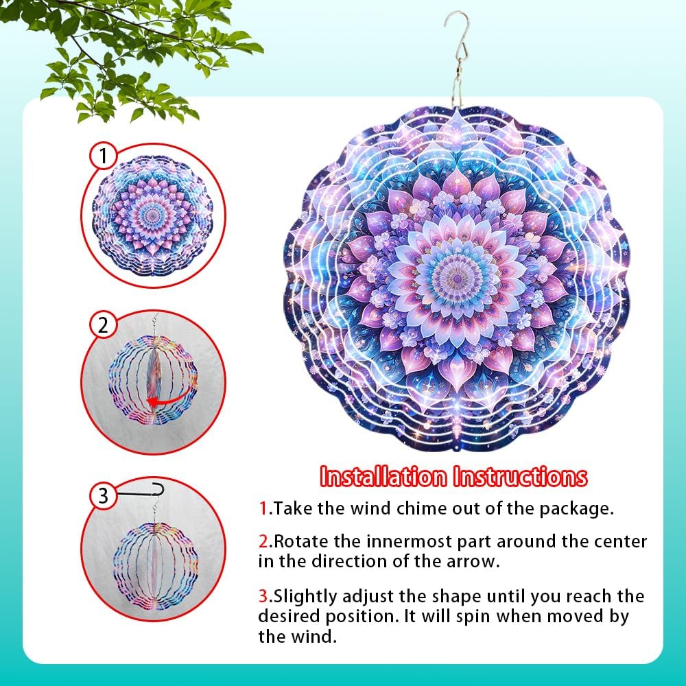 Mandala Flower Wind Chimes 10 x 10 Inch Hanging Garden Decor with Layered Petal and Luminous Pattern Design Aluminum Outdoor Yard Art for Patio Balcony Tree Porch Decoration Gift
