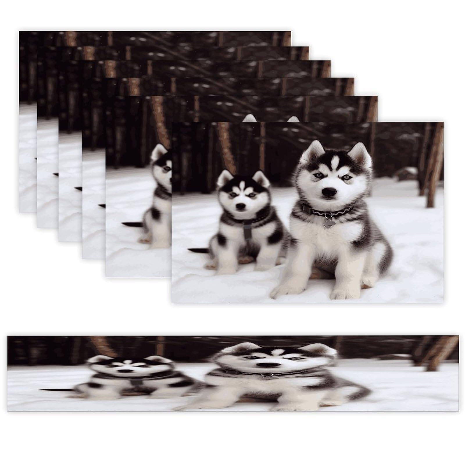 Adorable Huskies Table Runner and Placemats Set of 6 Wipe Clean Heat Resistant Table Mat with Table Runner Decorations Flax Linen Place Mat Set for Home Kitchen Party Supplies