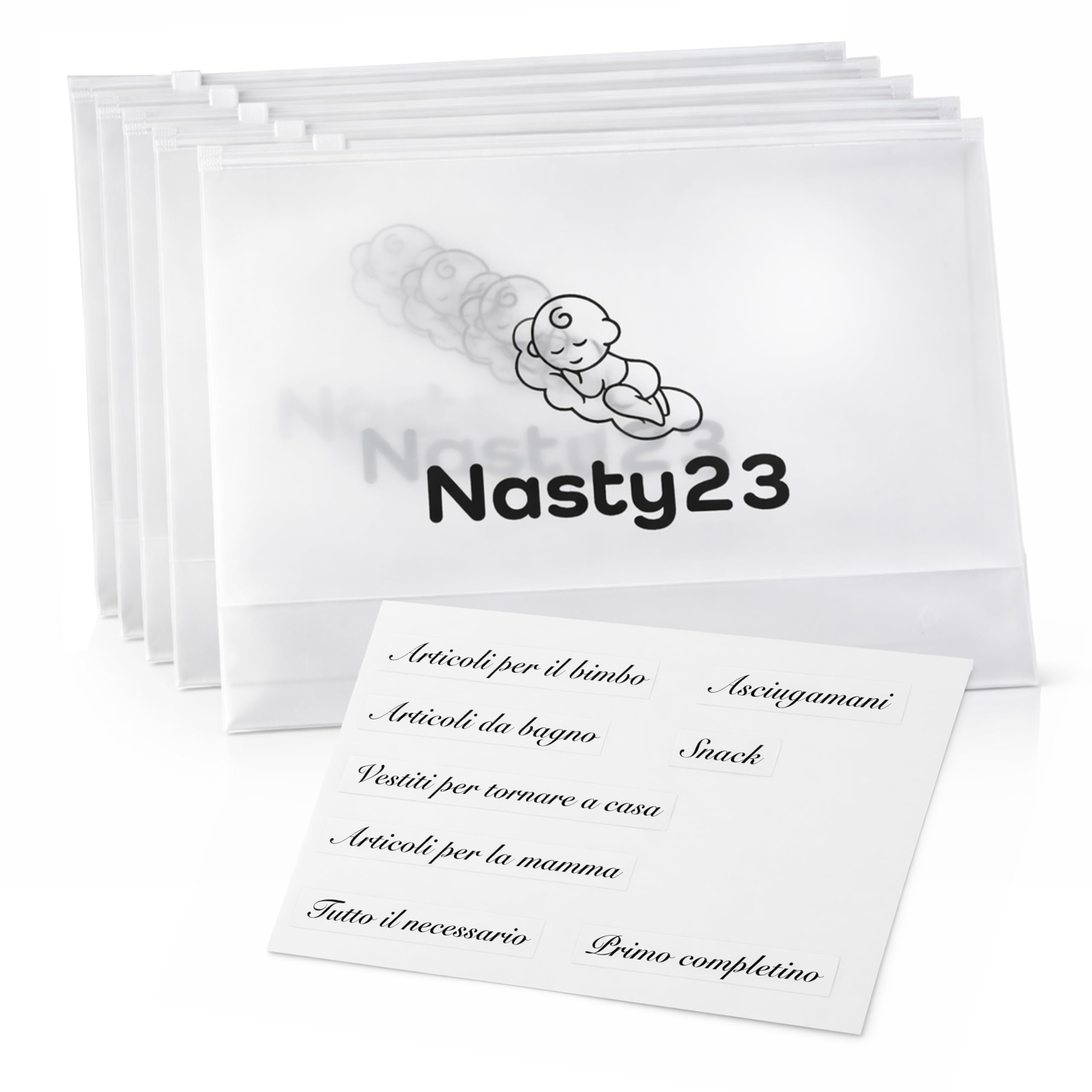 Set 5 Buste Neonato Organizzatrici con Zip – Sacche Trasparenti per Cambio Bebè, Ospedale, Viaggio – con Etichette Incluse