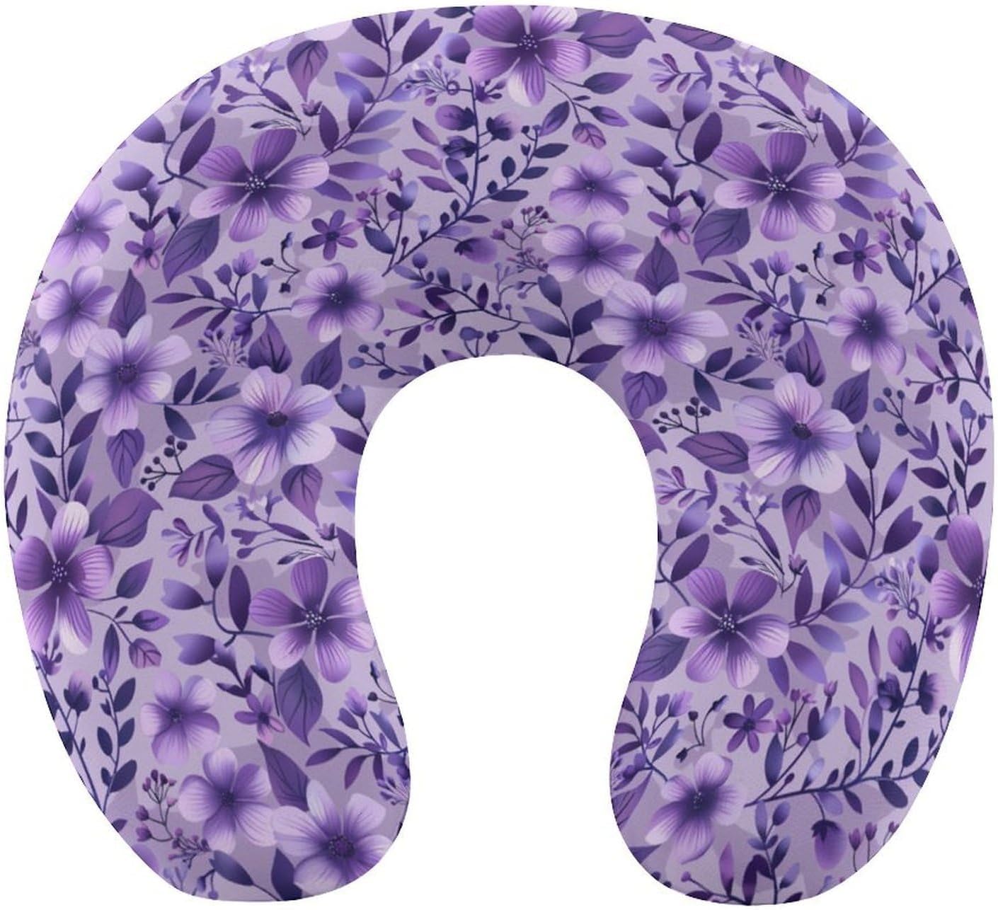 Lavender Purple Floral Print Travel Pillow U Shape Neck Pillow Washable Pillowcase for Sleeping Chair