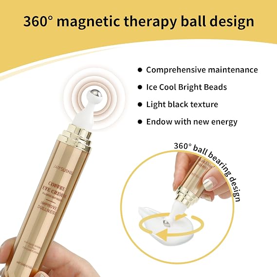 Caffeine Eye Cream Serum for Dark Circles and Puffy Eyes, Hyaluronic Acid Eye Cream with 360° Cooling Roller for Wrinkles, Bags & Fine Lines, Hydrating Under Eye Treatment for Men & Women, 20ml