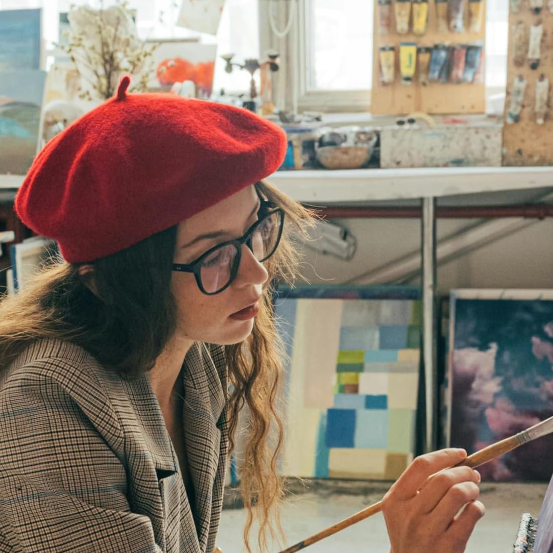 Boina Francesa Clásica Unido de Artista para Mujer - Boina Verano (Rojo)