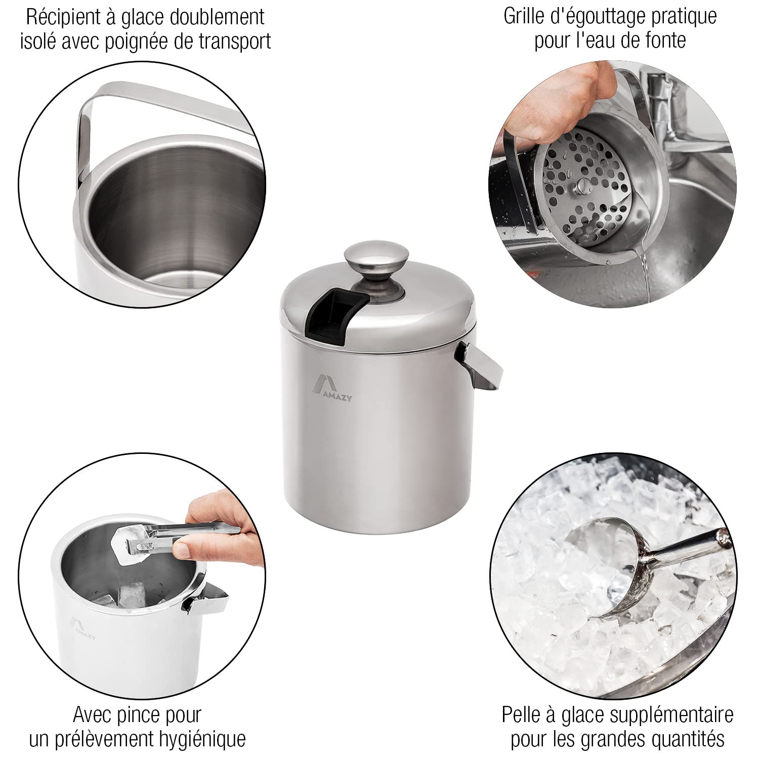 AMAZY Seau à Glace en Acier Inoxydable pour des glaçons | Couvercle, Pince, Pelle à Glace, poignée de Transport et Tamis Inclus - Seau à Glace à Double Isolation (1,3L)