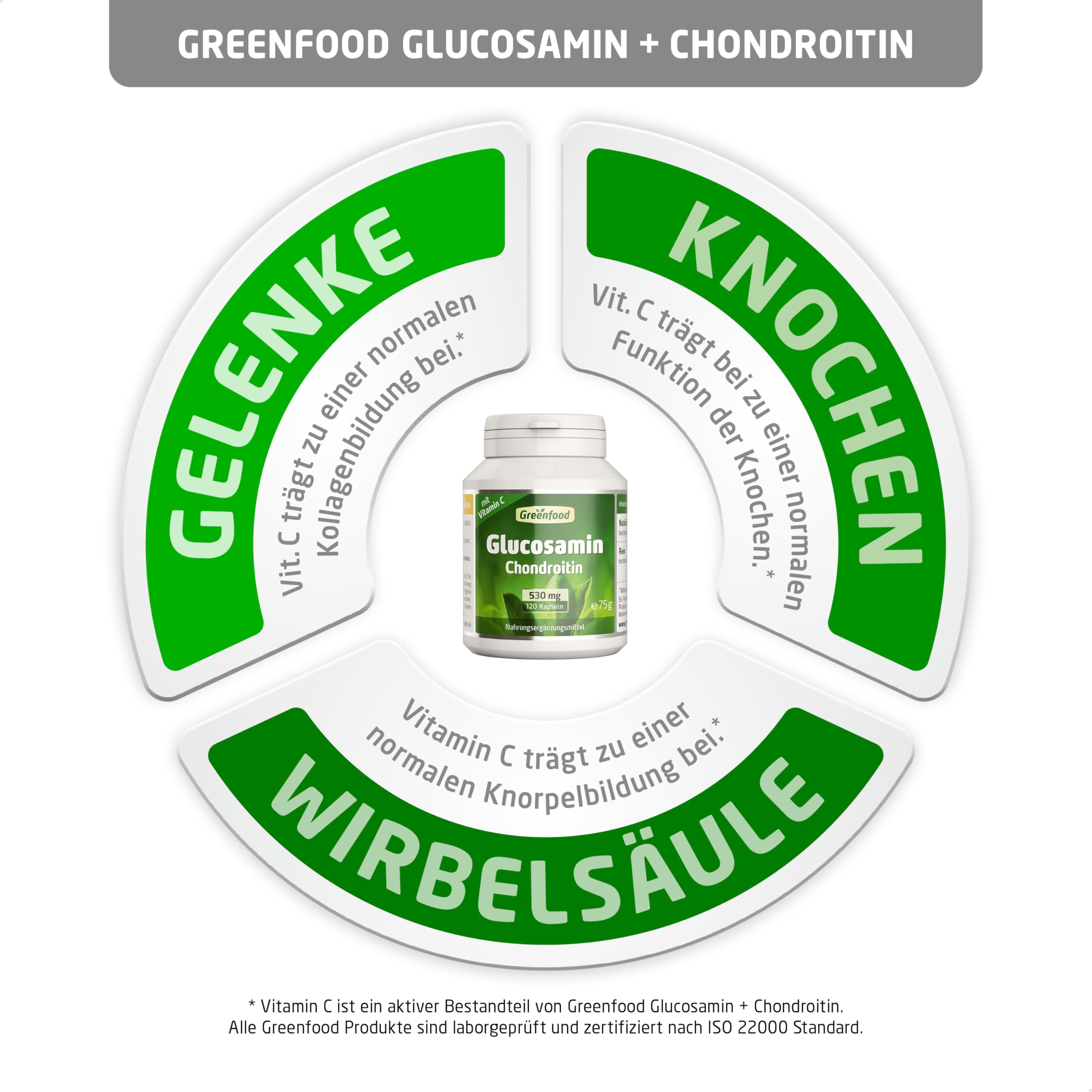 Glucosamin Chondroitin, hochdosiert, 530mg - 120 Kapseln, vegan. Mit Vitamin C - für Knochen, Muskeln und Gelenke. Mit hoher Bioverfügbarkeit. OHNE künstliche Zusätze - laborgeprüft. Von Greenfood.