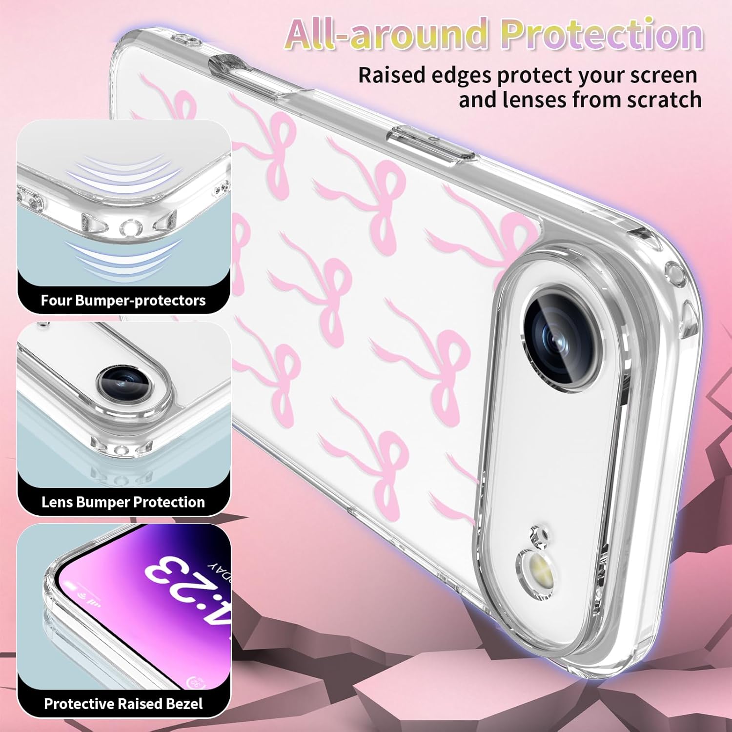 Case Compatible with iPhone Air 6.5 Inch with Screen Protector, Cute Pink Bow Patterns Slim Clear Phone Cover for Women Girl?Full Camera Protection?Anti-Yellowing?Shockproof & Anti-Scratch, Pink iPhone Air Pink Bow
